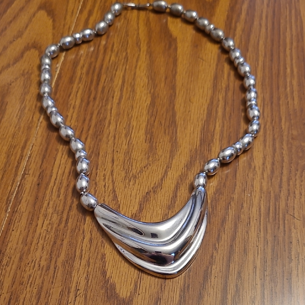 Napier Silver-Tone Sculpted V Pendant Beaded Necklace
